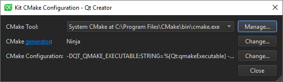 "Kit CMake Configuration dialog"