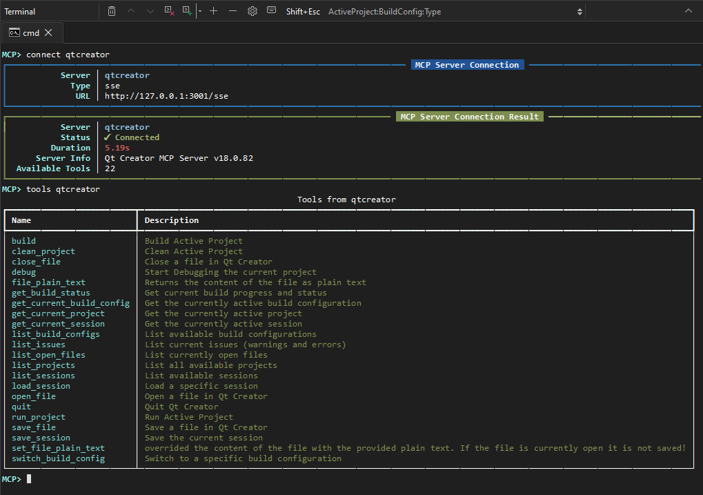 Qt Creator tools in the MCP client