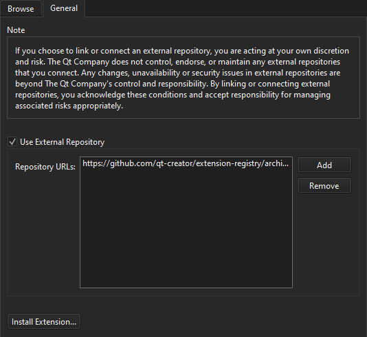 General tab in Extensions preferences