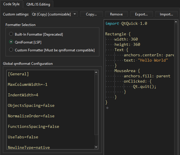 {qmlformatter preferences in the Code Style tab in Qt Quick preferences}