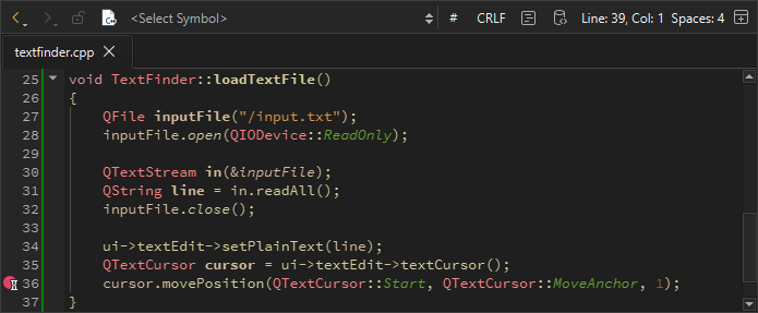 Setting a breakpoint in the editor
