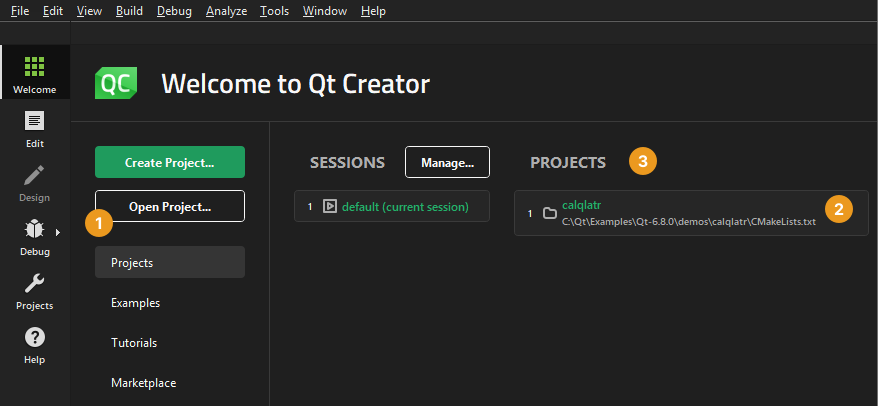 {Ways to open projects in the Welcome mode Projects tab}