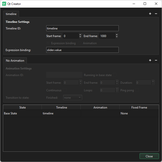 Expression binding set to slider.value in the Timeline Settings dialog.