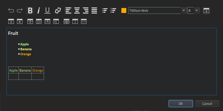 Text formatted as rich text in the editor