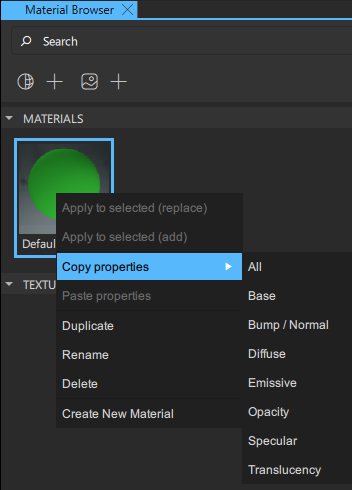 "Copy material properties in Material Browser"