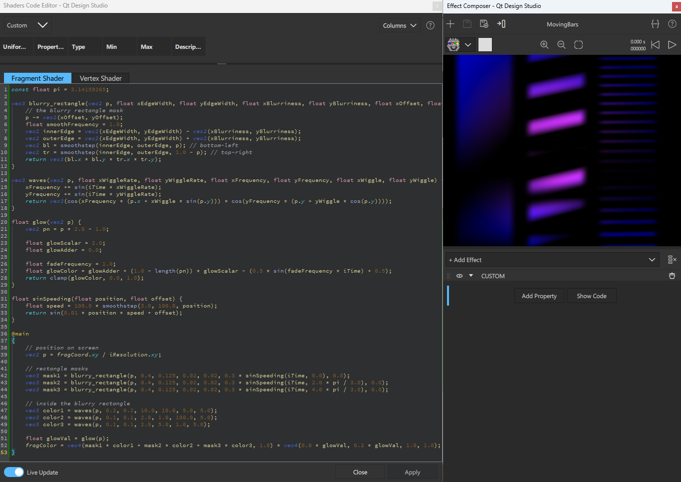 The Moving bars shader in Effect Composer