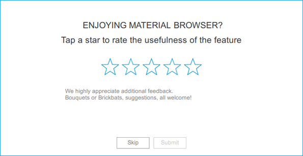 "User feedback pop-up survey for Material Browser"