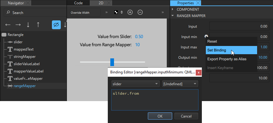 "Binding range mapper minimum input to slider.from property"