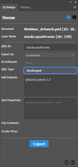 "Settings for exporting stackLayout artboard"
