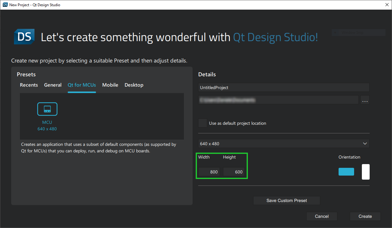 Setting the screen resolution in Qt Design Studio.
