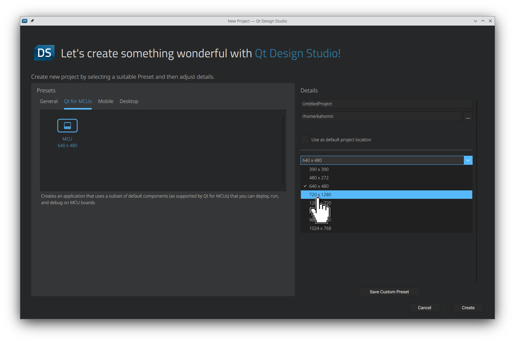 Selecting the resolution for the project in Qt Design Studio.