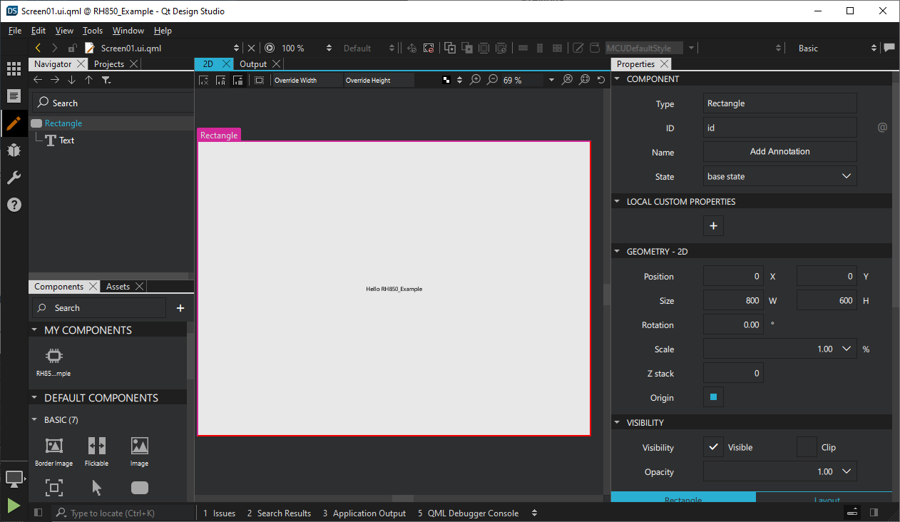 Your project with a Rectangle and Text item in the 2D view.
