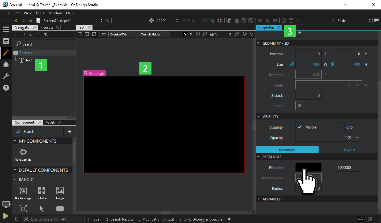 Changing the fill color of the Rectangle in the Properties pane.