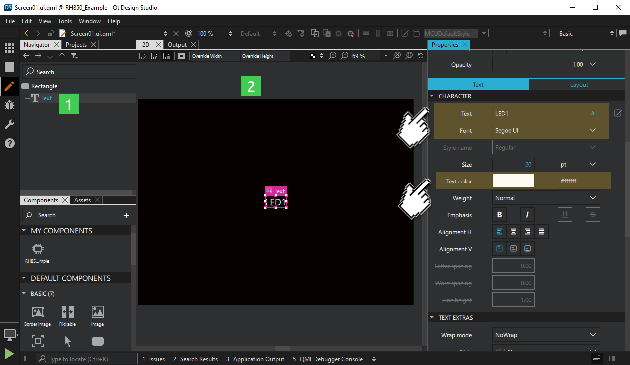 Changing the Text item properties in the Properties pane.