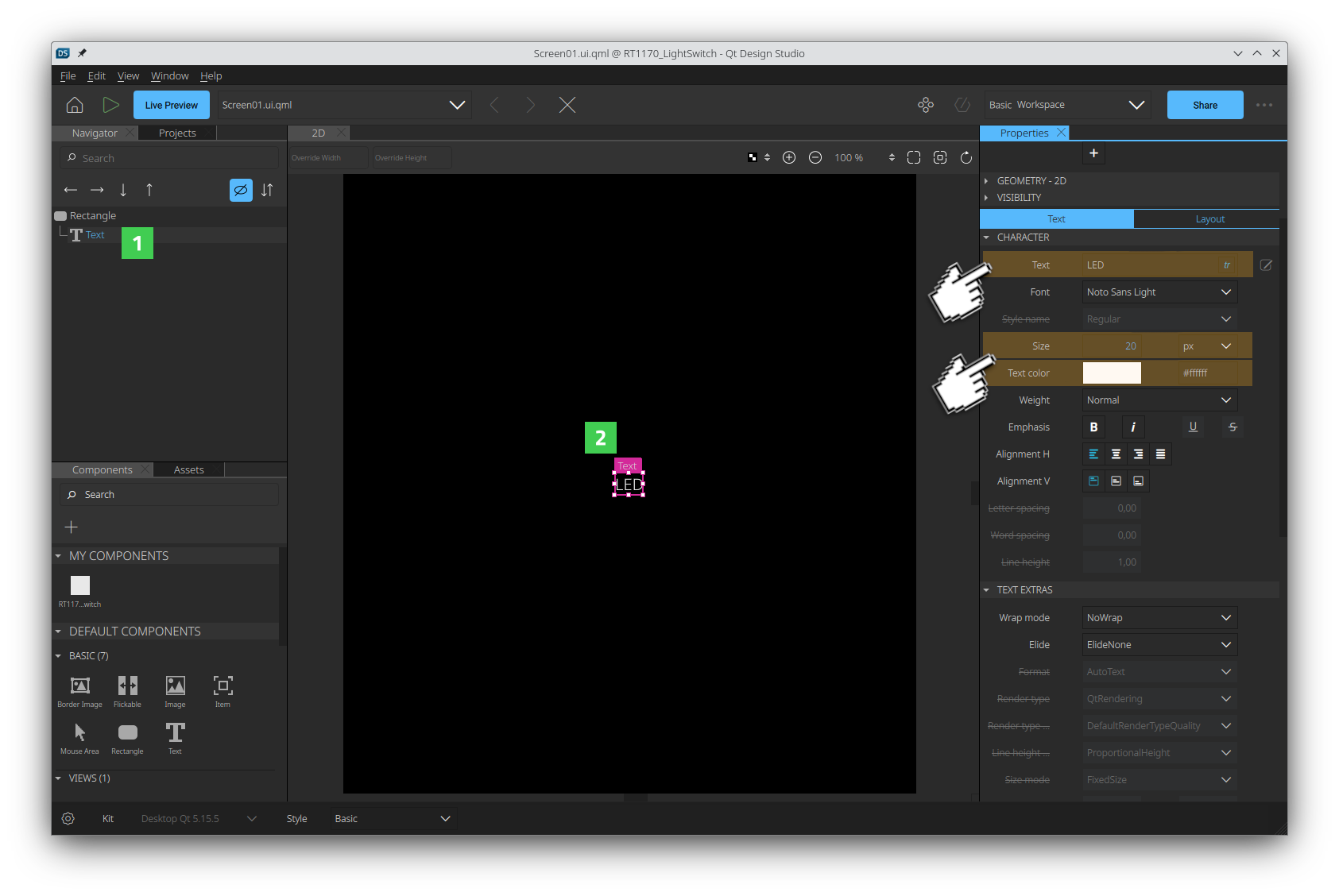 Changing the Text item properties in the Properties pane.