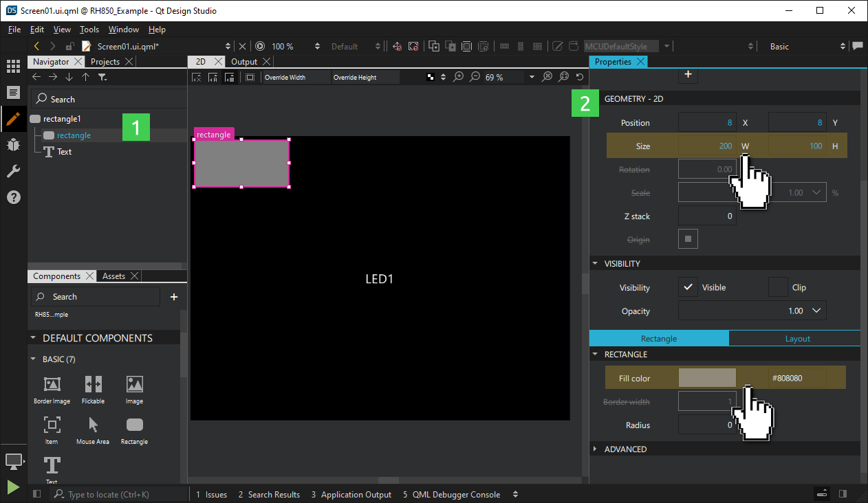 Changing the properties of the new Rectangle in the Properties pane.