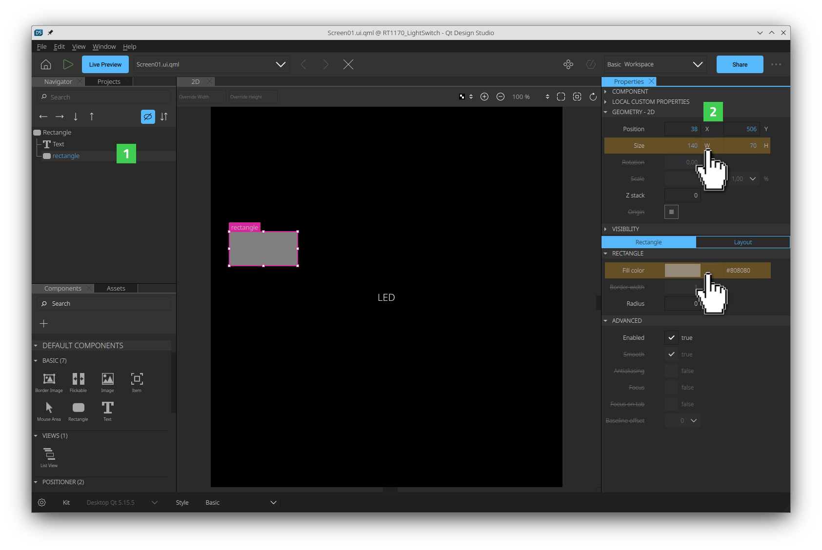 Changing the properties of the new Rectangle item in the Properties pane.