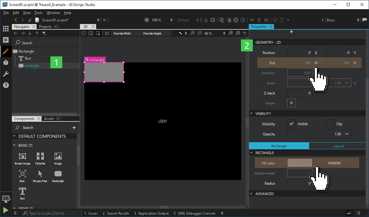 Changing the properties of the new Rectangle in the Properties pane.