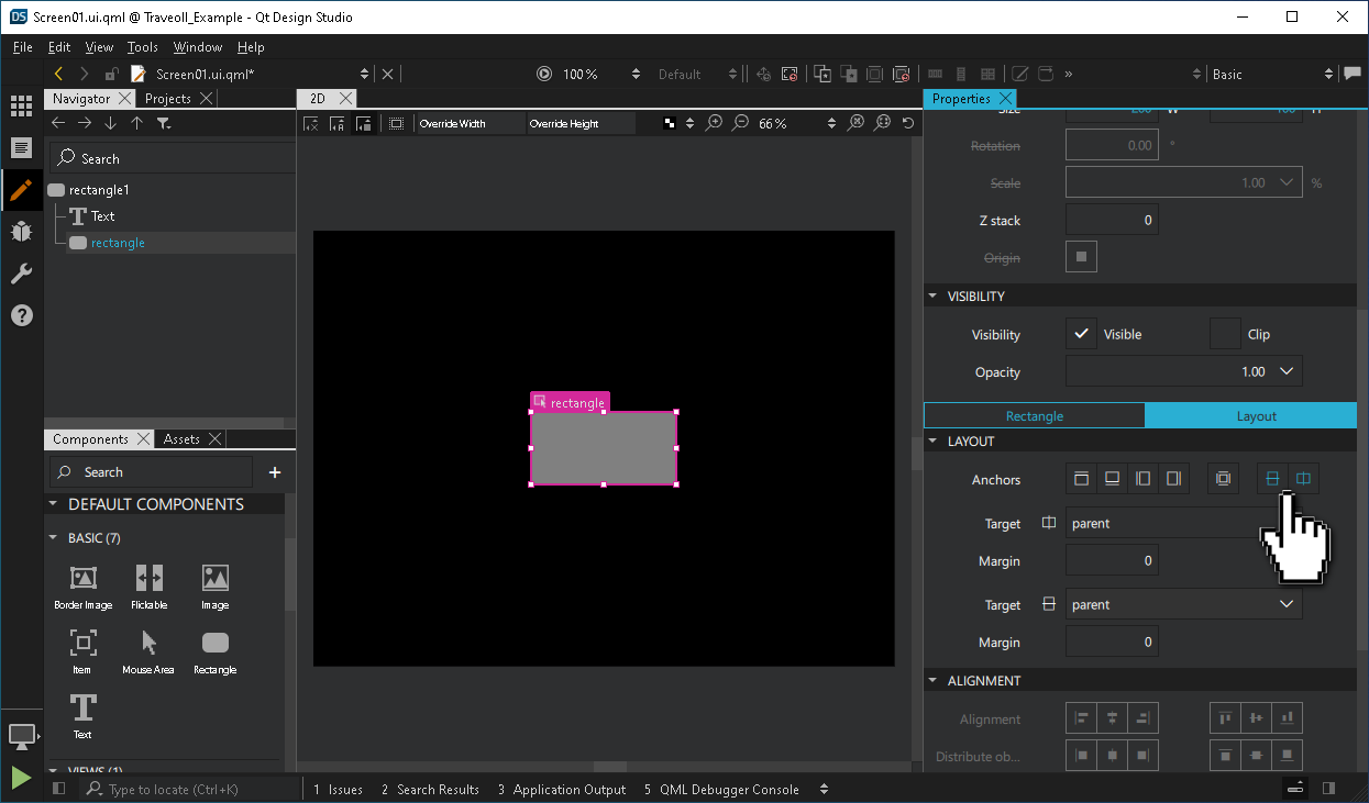 Anchoring the new Rectangle to the center of its parent in the Properties pane.