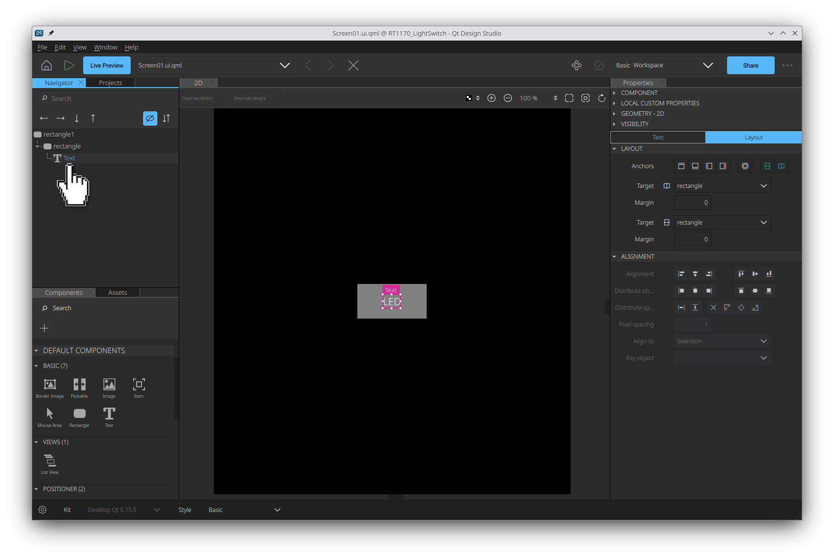 Dragging the Text item onto the new Rectangle item in the Navigator pane.