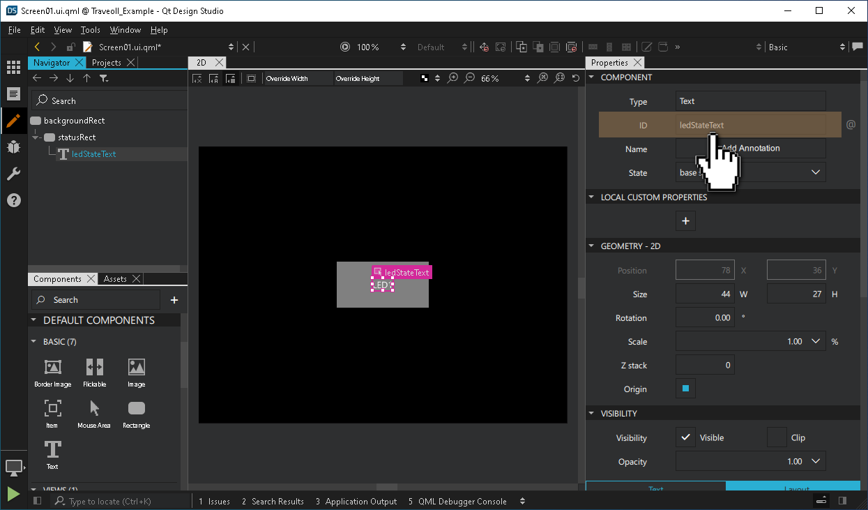 Naming the Text item in the Properties pane.