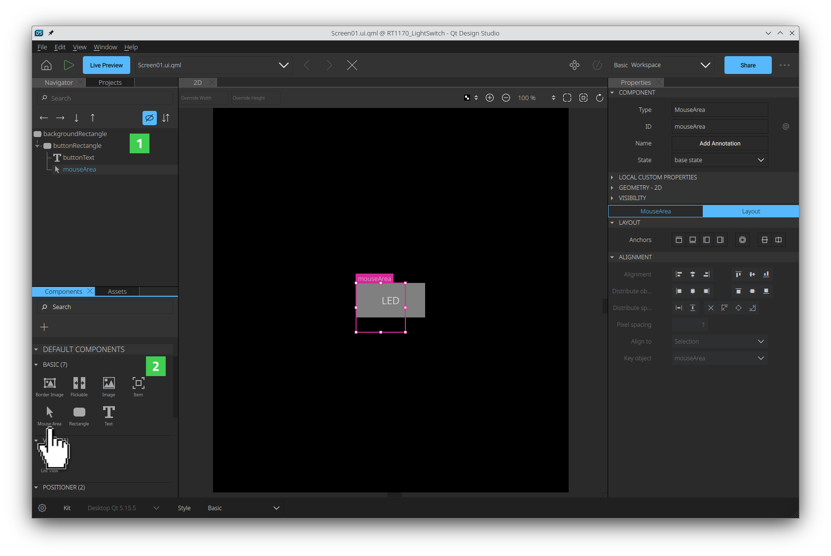 Dragging a MouseArea item onto the new Rectangle item in the Navigator pane.