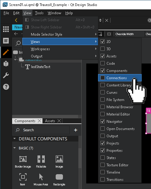 Switching to the Connections view in the Views menu.