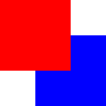 A red rectangle stacked on top of a blue rectangle due to the red rectangle having a higher stacking value.