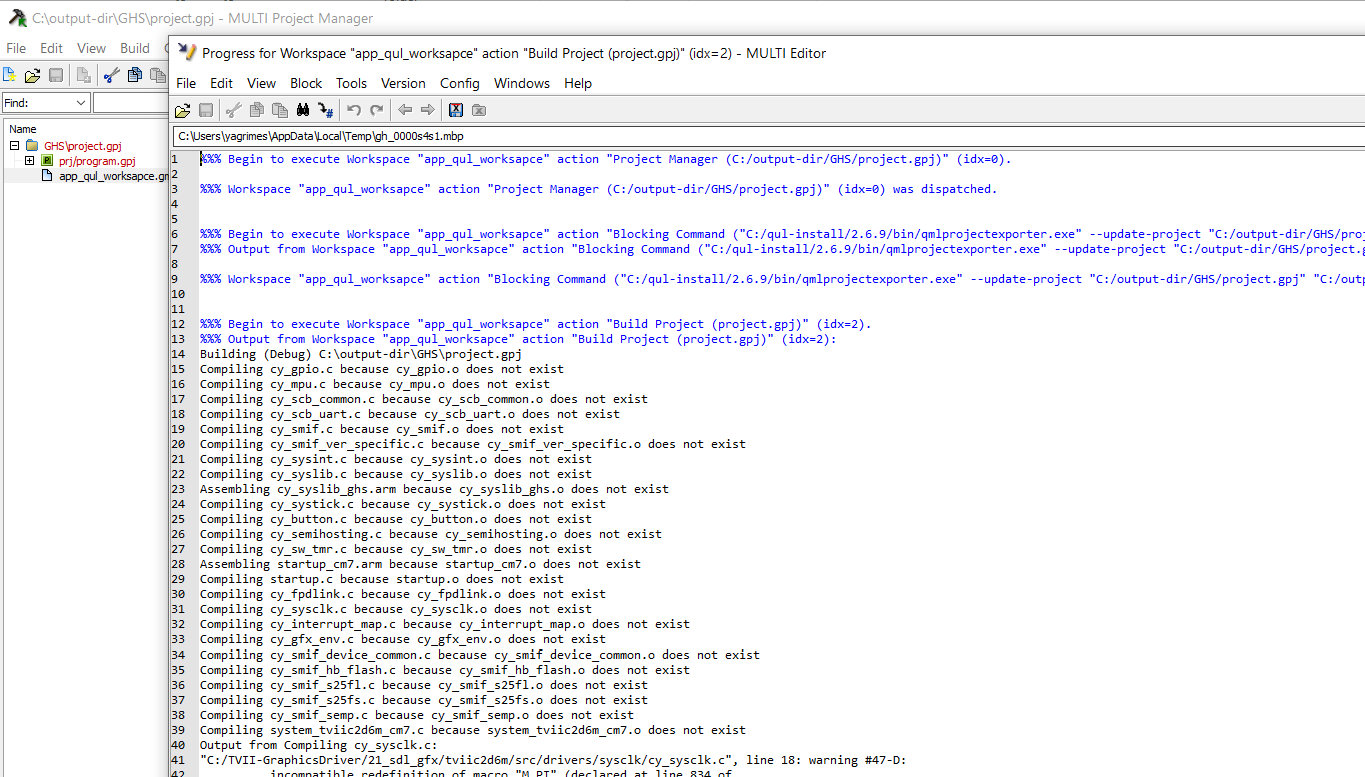 The build output in GHS MULTI IDE after running the QUL workspace command sequence.