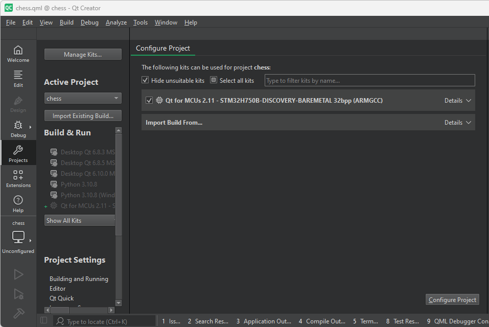 Configuring an MCU project for an STM target using Qt Creator.