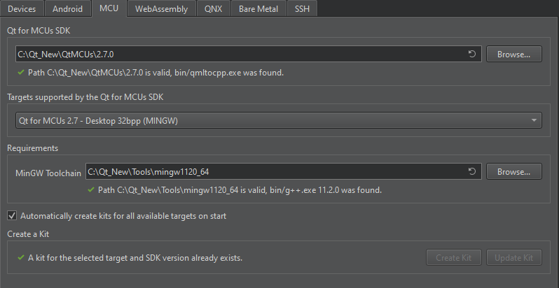 Setting MCU preferences in Qt Creator.