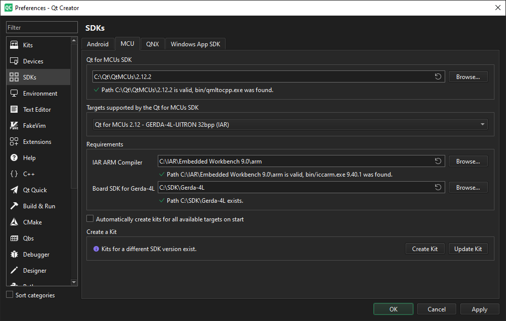 Creating an SDK for a Nuvoton Gerda-4L target using Qt Creator.