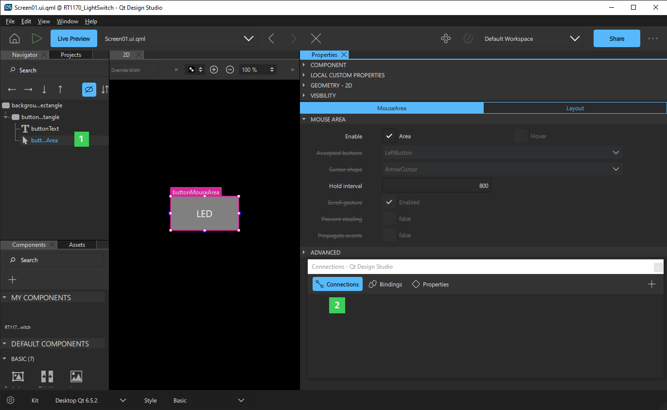 Adding a connection for the MouseArea item in the Connections tab.