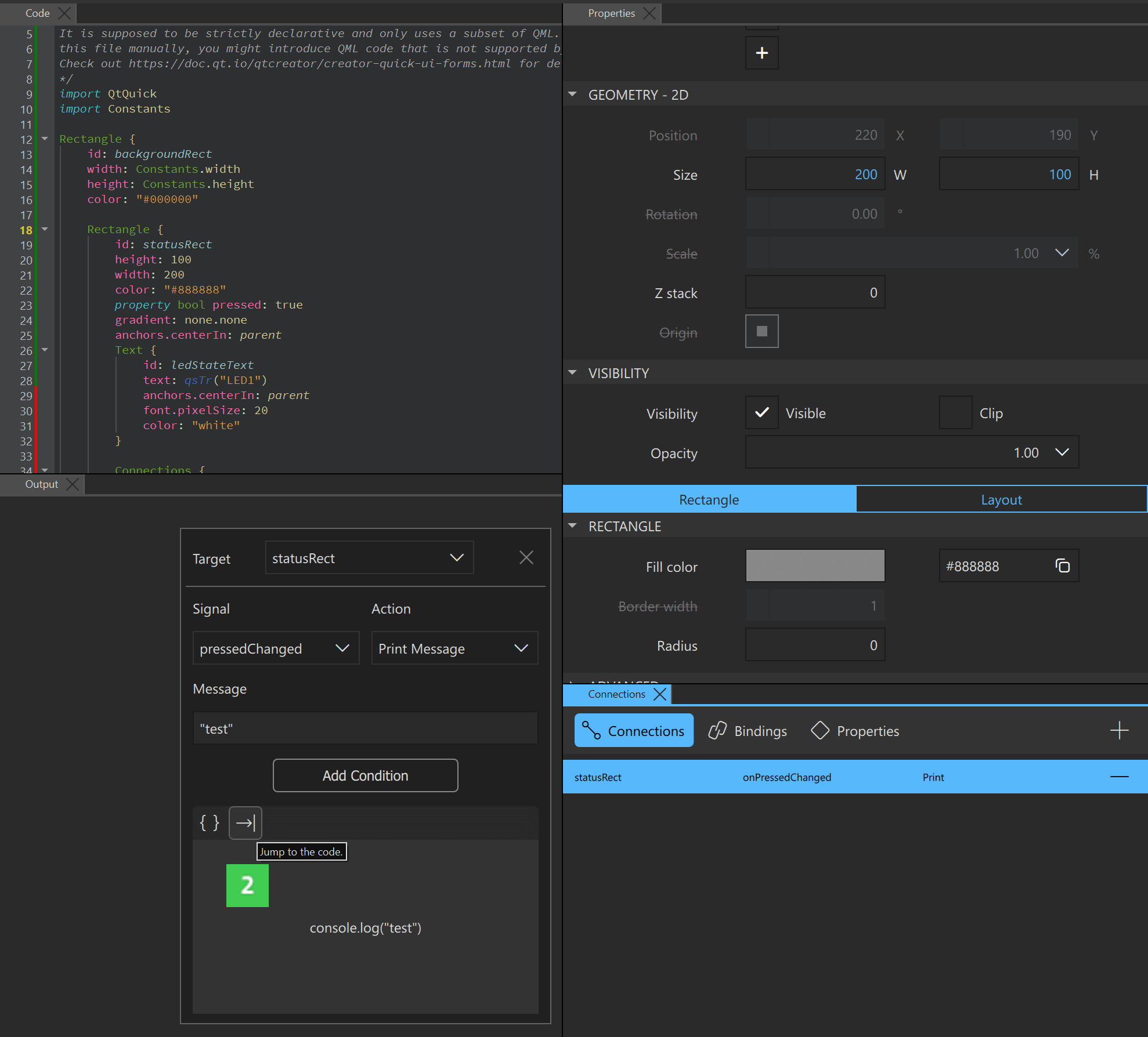 Using the Connection panel to jump to the Code view.