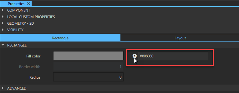 Selecting the settings icon in the Rectangle tab of the Properties pane.