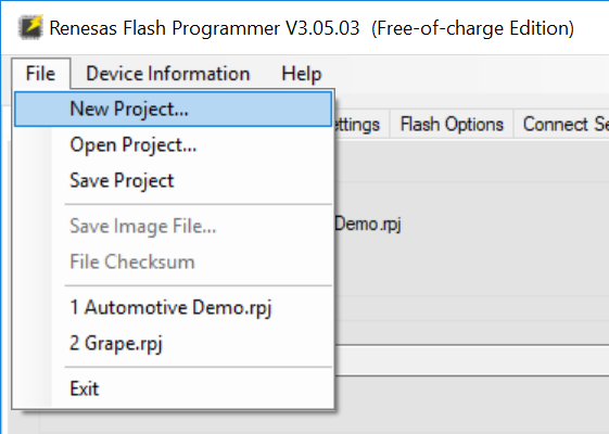 Initializing a new project in Renesas Flash Programmer.