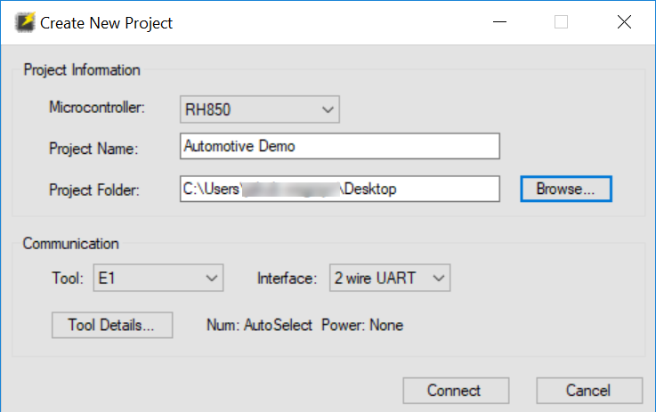 Creating a new project in Renesas Flash Programmer.
