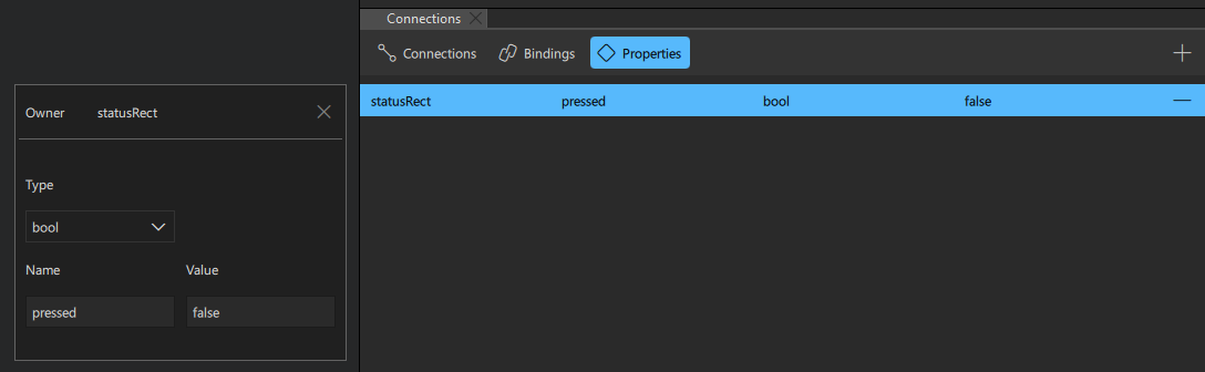 Creating a pressed property in the Properties tab of the Connections view.