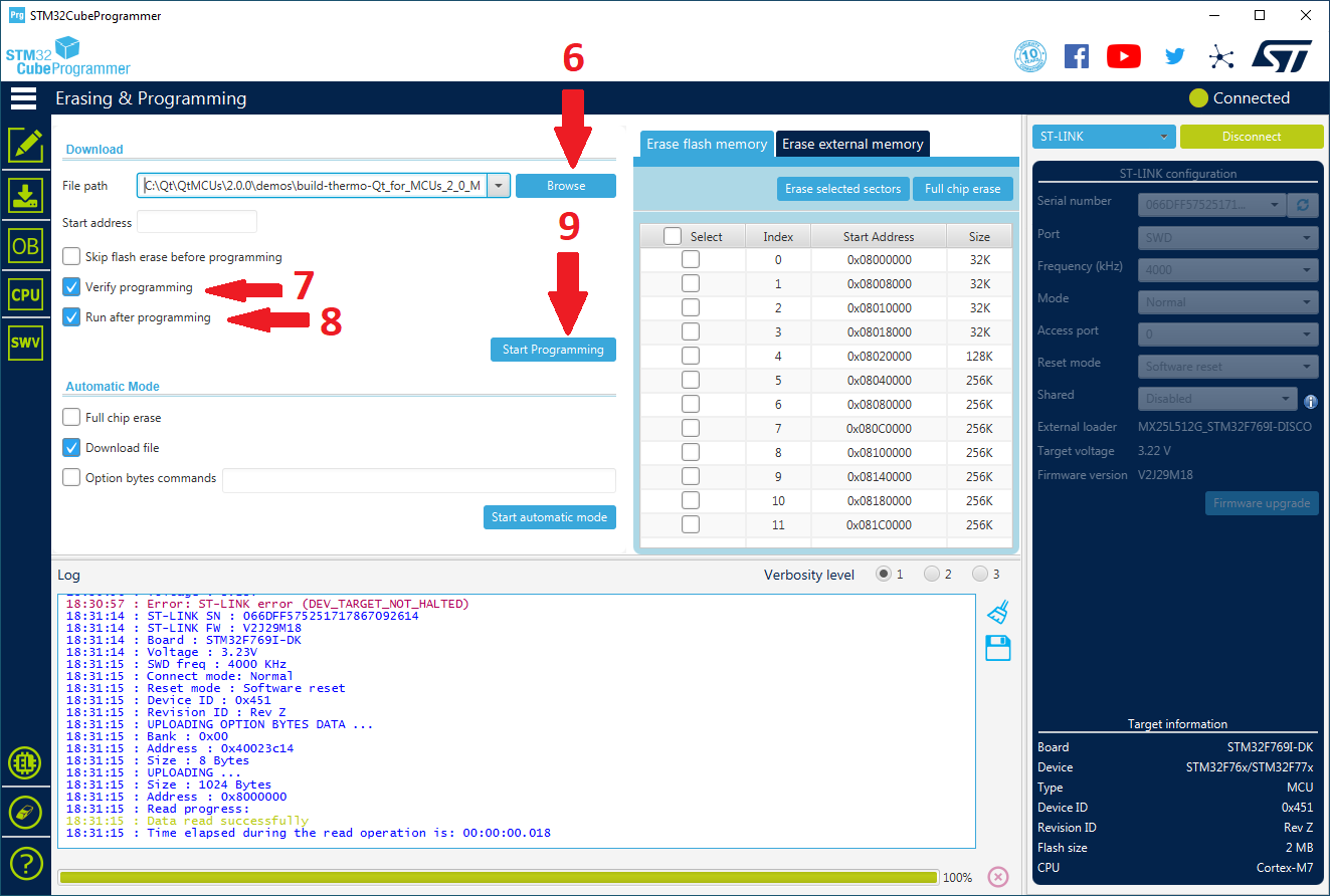 Starting the flashing process in STM32CubeProgrammer.