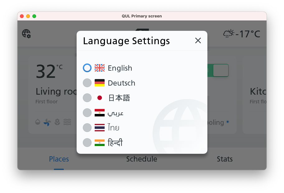 Large screen thermostat demo with the language selection dialog.