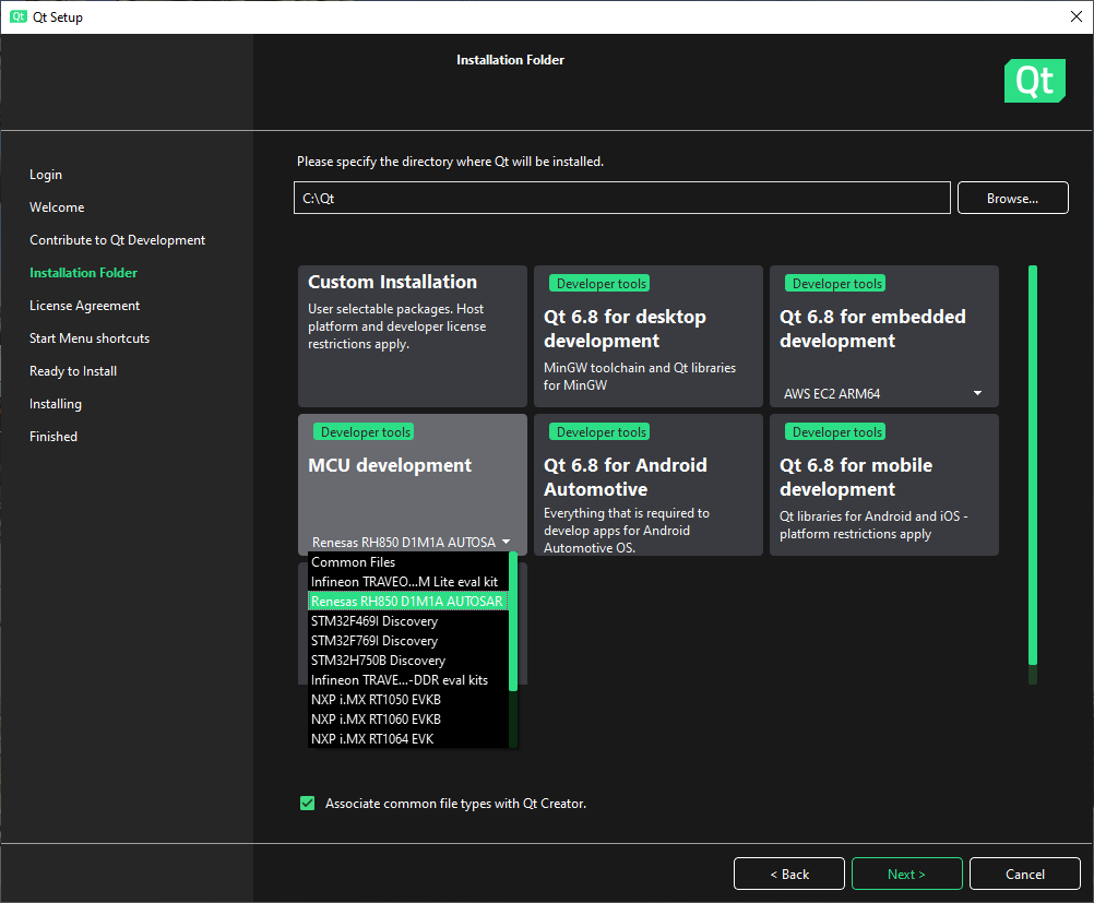 "MCU development selected in Qt Online Installer"