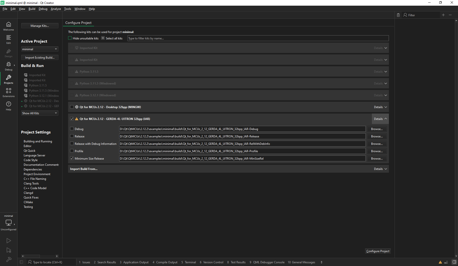 Configuring an MCU project for a Nuvoton Gerda-4L target using Qt Creator.