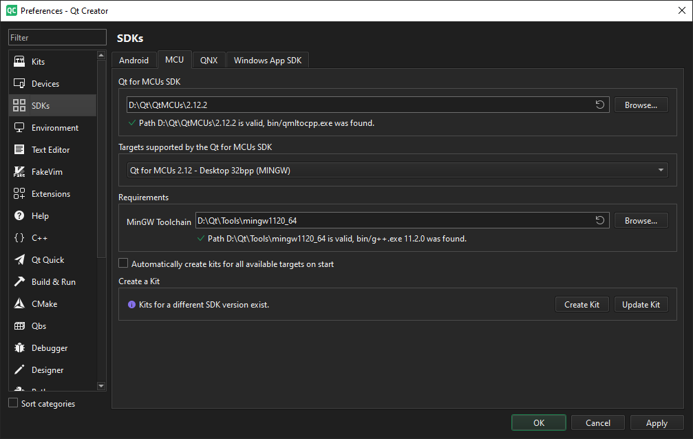 Creating an SDK for a Nuvoton Gerda-4L target using Qt Creator.