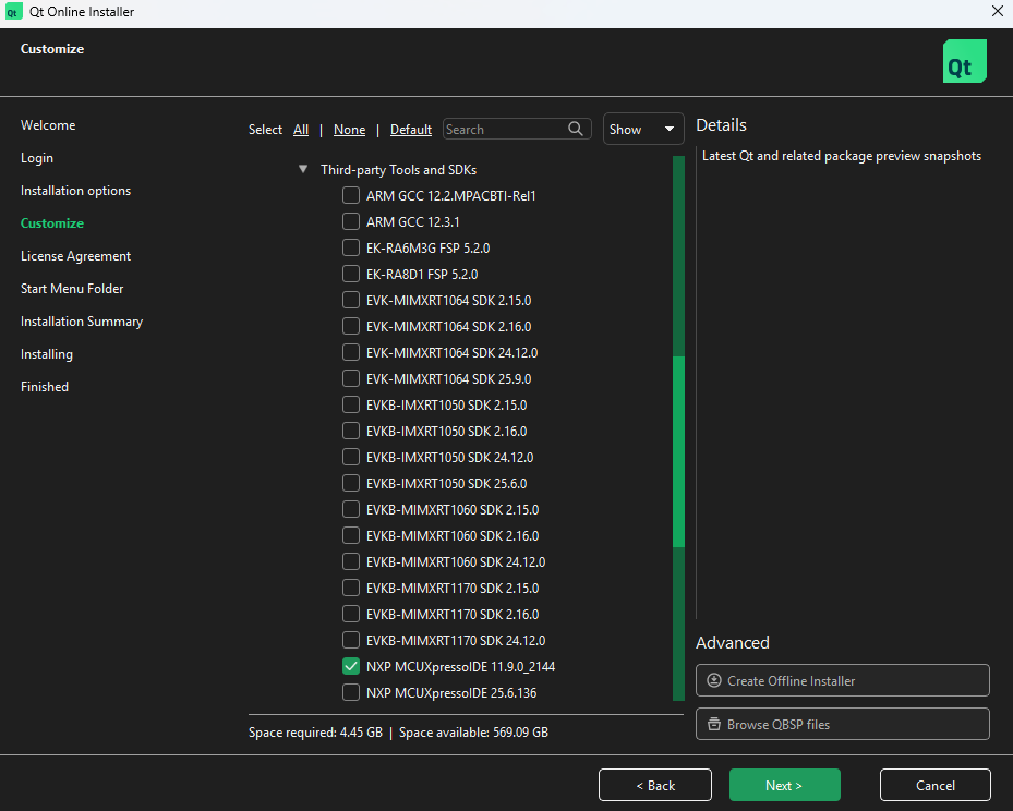 Installing the NXP MCUXpresso IDE using Qt Online Installer.