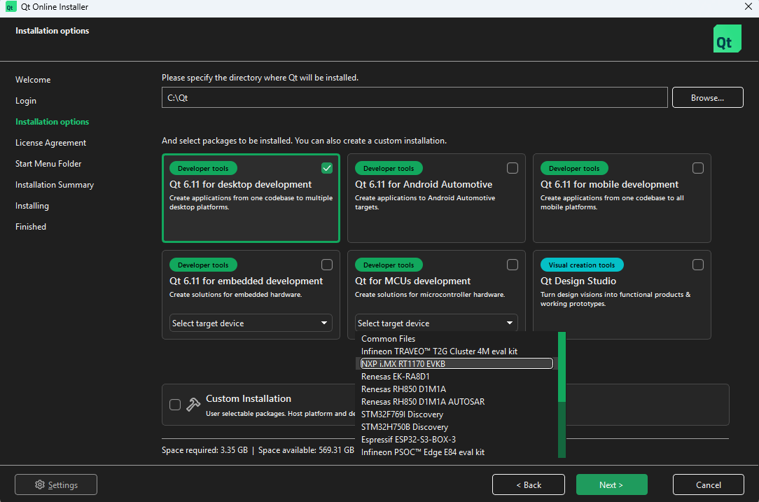Installing the pre-made Qt for MCUs development preset for an NXP target using Qt Online Installer.