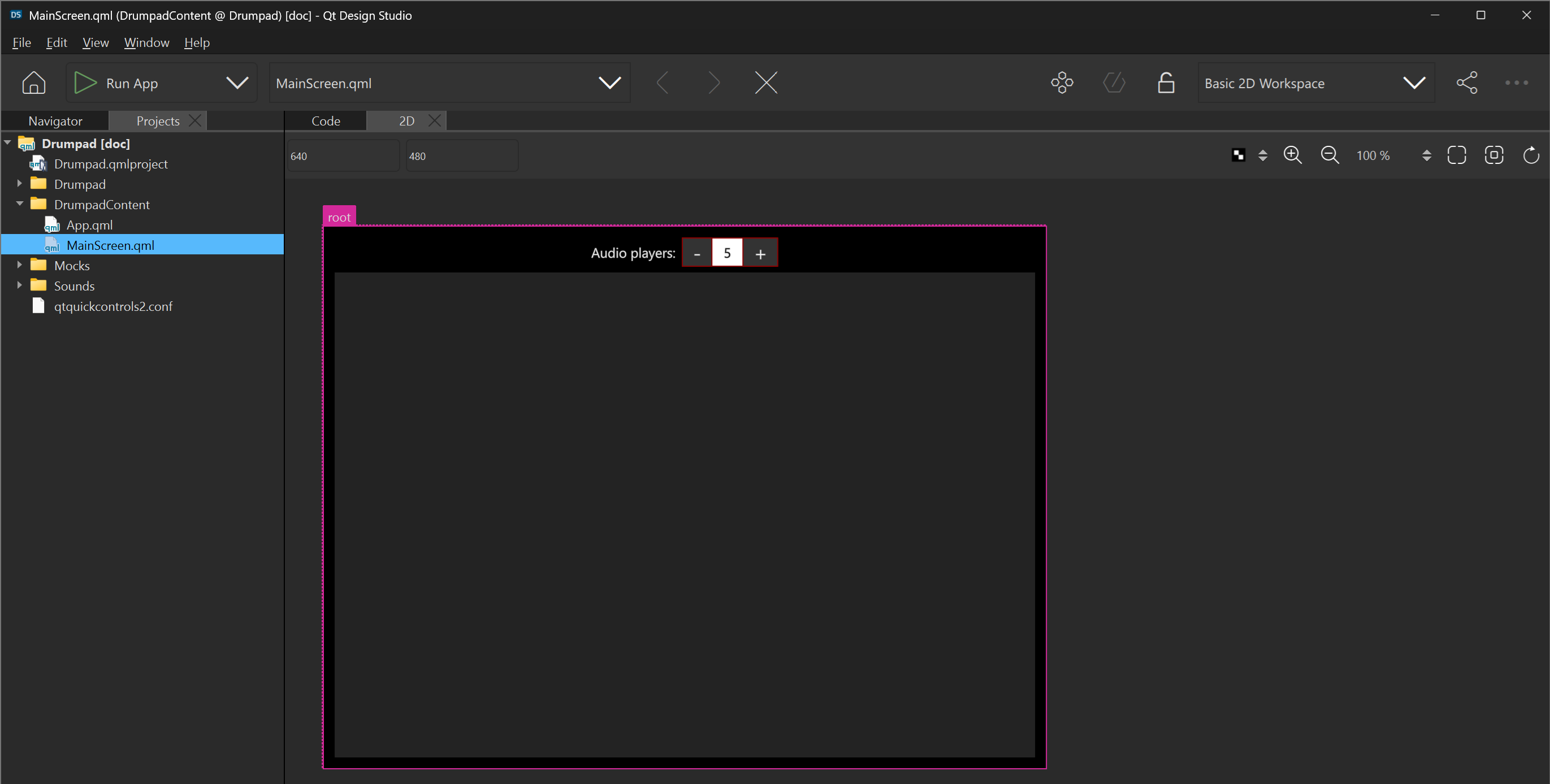 Qt Design Studio showing the main screen
