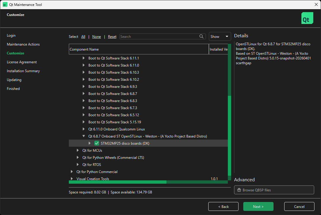 with alt text Location of STM32MP25 Discovery in Select Components UI view of Qt Maintenance Tool.