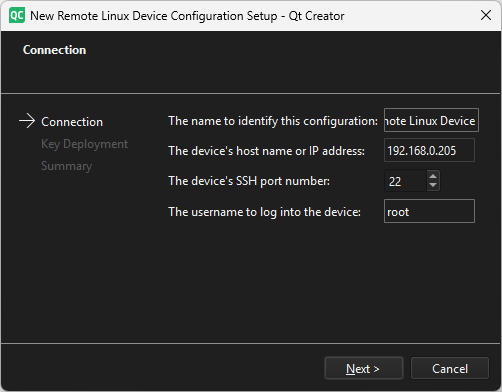 New Remote Linux Device Configuration Setup view in Qt Creator.