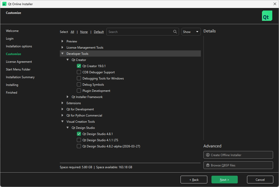 The Customize view in Qt Online Installer with the necessary components selected.