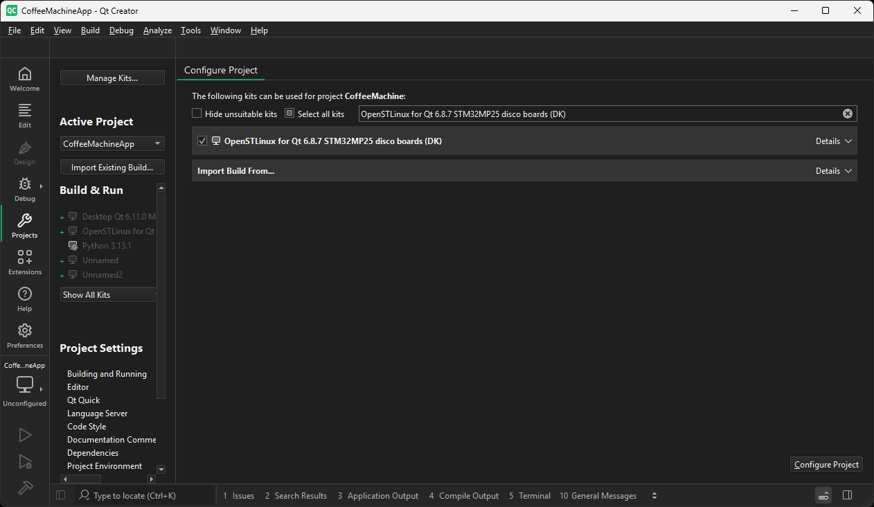 Configure Project UI view in Qt Creator.